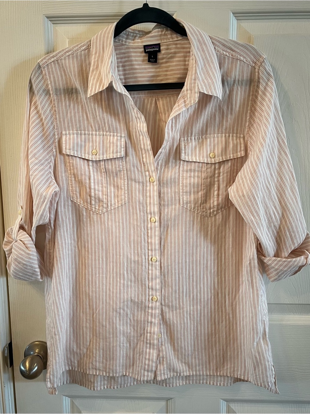 Patagonia Women’s Preppy Cabincore Pink Striped Button-Down Shirt, Large